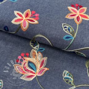 Bavlněná látka JEANS EMBROIDERY Meadow border indigo