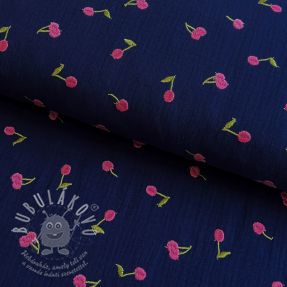 Dvojitá gázovina/mušelín EMBROIDERY Cherries navy