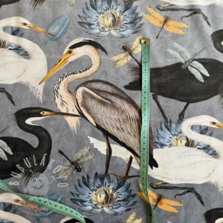 Dekorační látka VELVET Heron bird steel grey